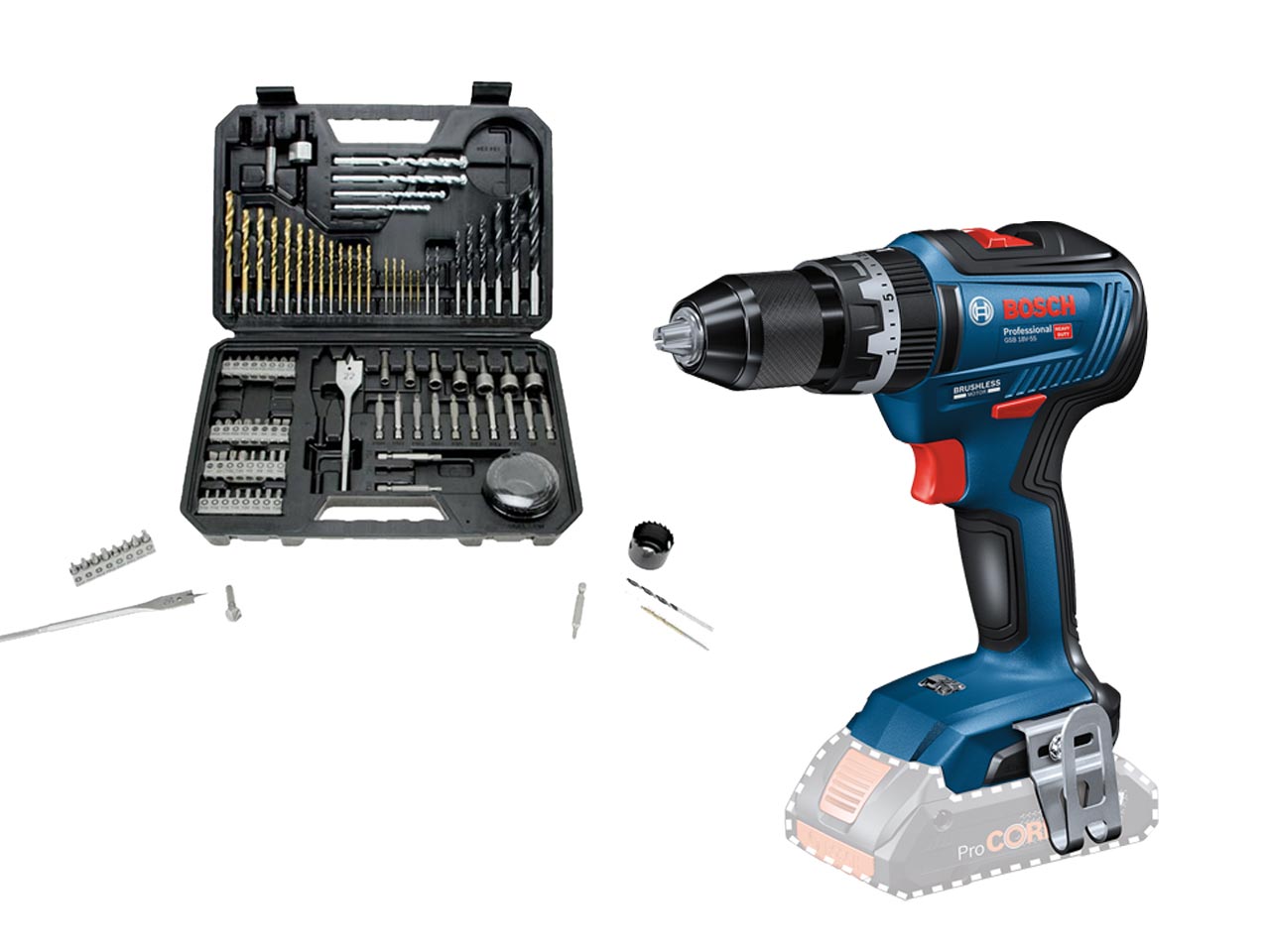 Bosch GSB18V 55 18V BL Combi Drill Bare Unit Plus 103pc Set