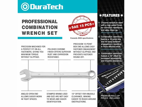 Duratech DTCW15S 1/4in-1 1/16in SAE Combination Spanner 15pc Set