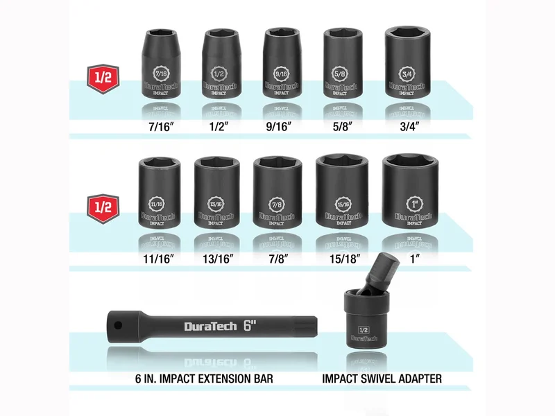 Duratech DTIMSS12S 1/2in Drive 7/16in-1/2in SAE Impact Socket 12pc Set