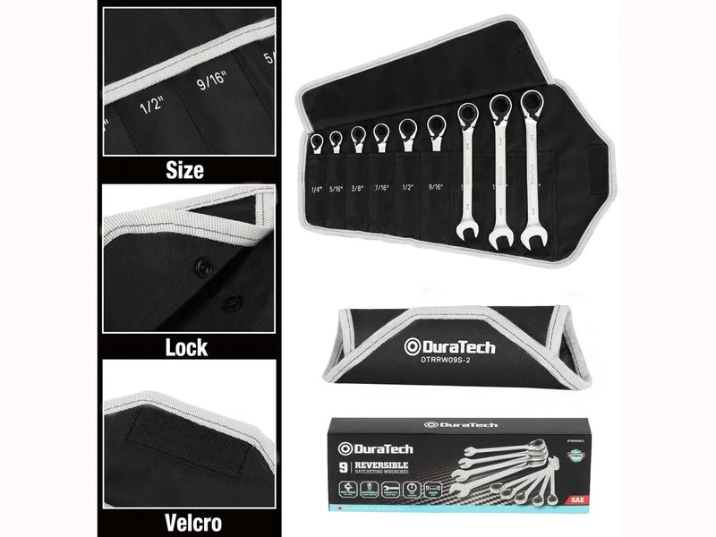 Duratech DTRRW09S-2 1-4in-3/4in SAE Reversible Ratchet Combination Spanner 9pc Set