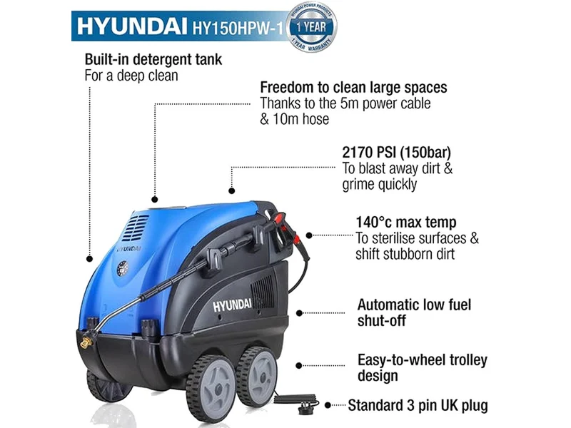 Hyundai HY150HPW-1 140°c 2.8kW 2170PSI Hot Pressure Washer
