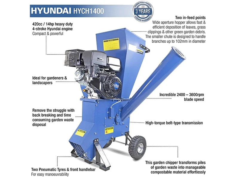 Hyundai HYCH1400 420cc Petrol 4-Stroke Garden Wood Chipper Shredder
