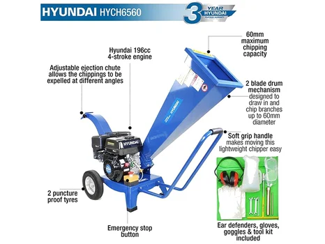 Hyundai HYCH6560 196cc 60mm Petrol 4-Stroke Garden Wood Chipper Shredder
