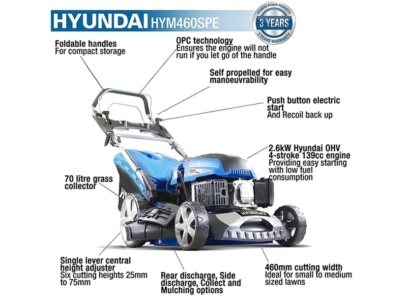 Hyundai HYM460SPE 139cc 460mm Self-Propelled Petrol Lawn Mower