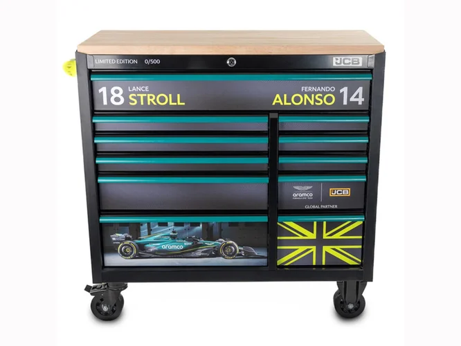 JCB AMF1RCBB 11 Drawer Aston Martin Formula One Steel Roller Cabinet Hardwood Worktop