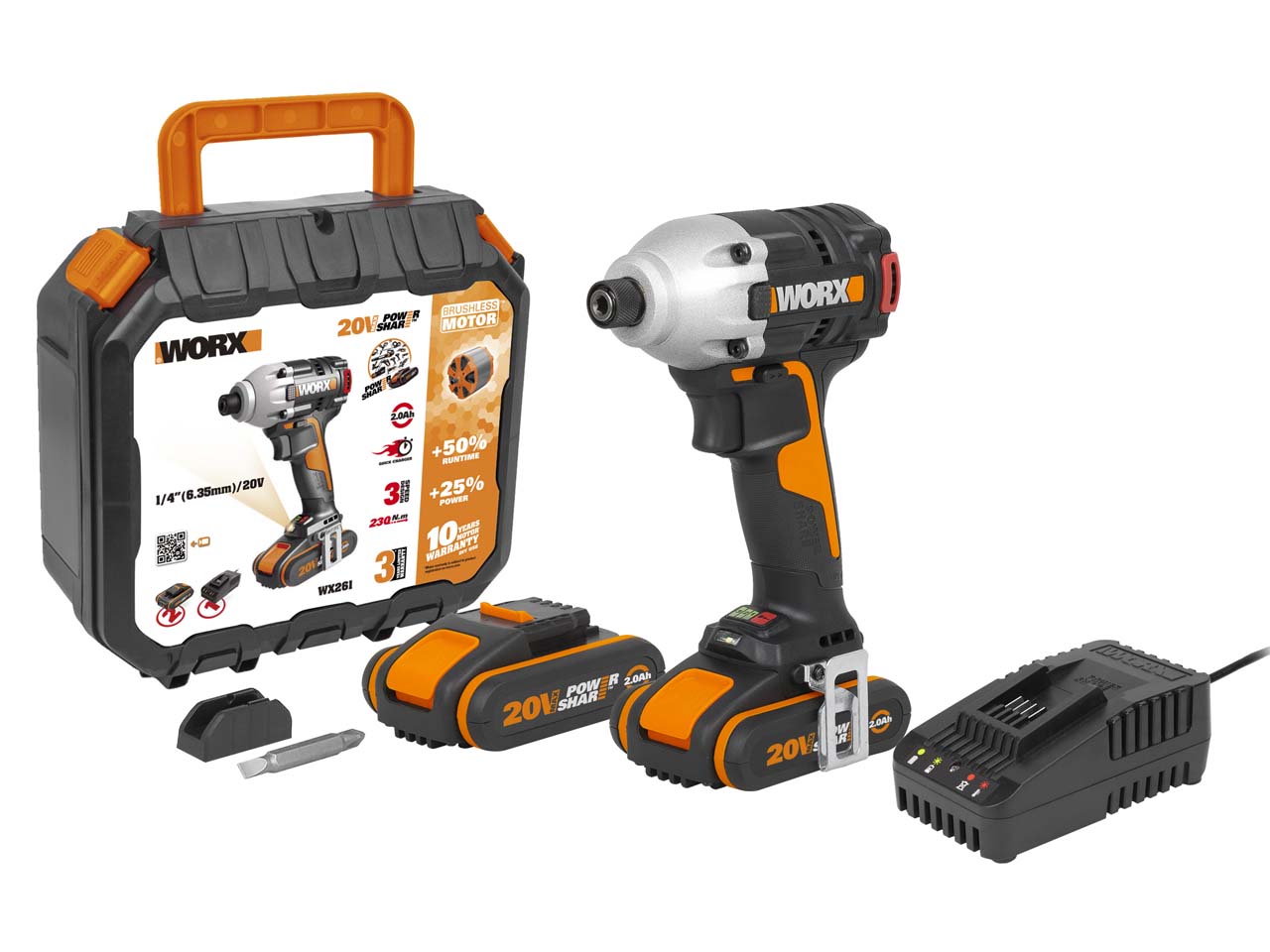 Worx WX261 20V 2x2Ah Cordless Brushless Impact Driver Kit