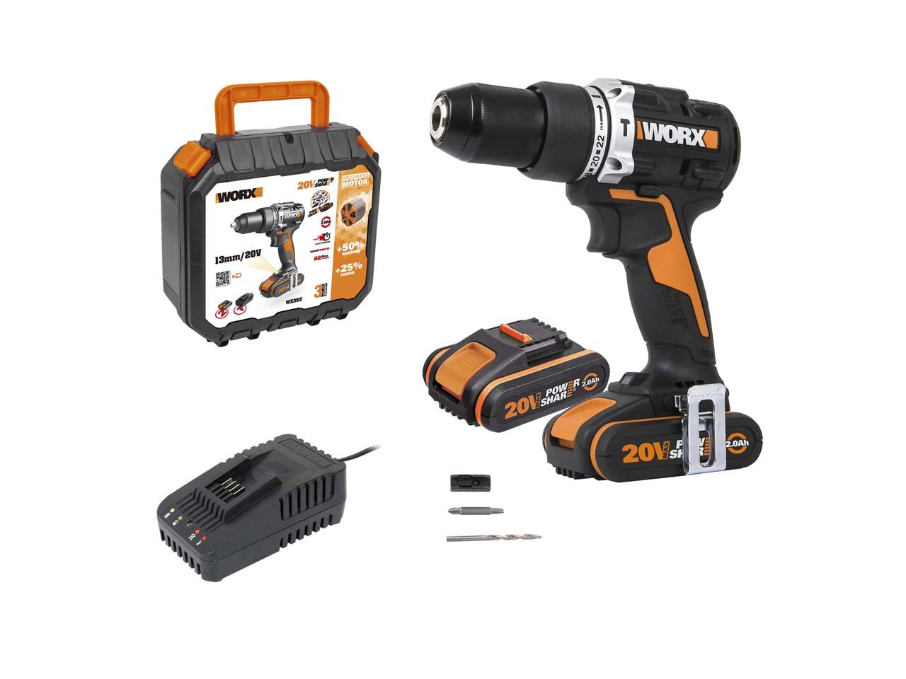 Worx WX352 20V 2x2Ah Cordless Brushless Combi Drill Kit